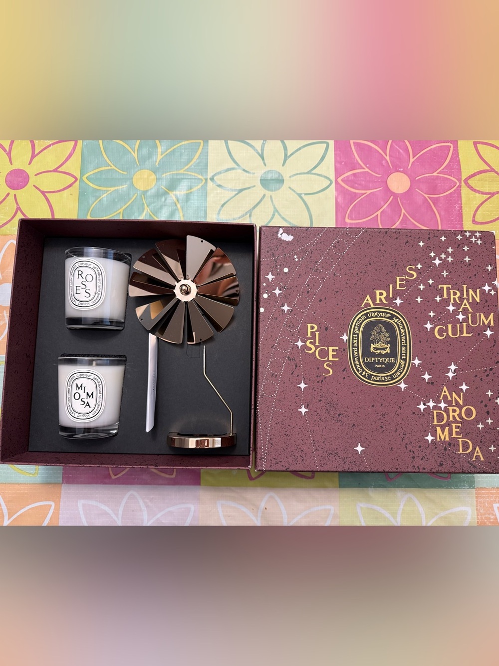 Diptyque Rose & Mimosa Candle Set with Metallic Fan